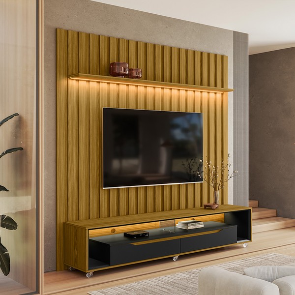 Painel Ripado com Led London 177cm e Rack Loop com Rodízios TV 70 Polegadas Cedro/Preto – Olivar Móveis