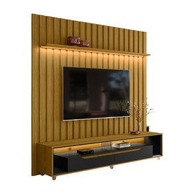 Painel Ripado com Led London 177cm e Rack Loop com Rodízios TV 70 Polegadas Cedro/Preto – Olivar Móveis
