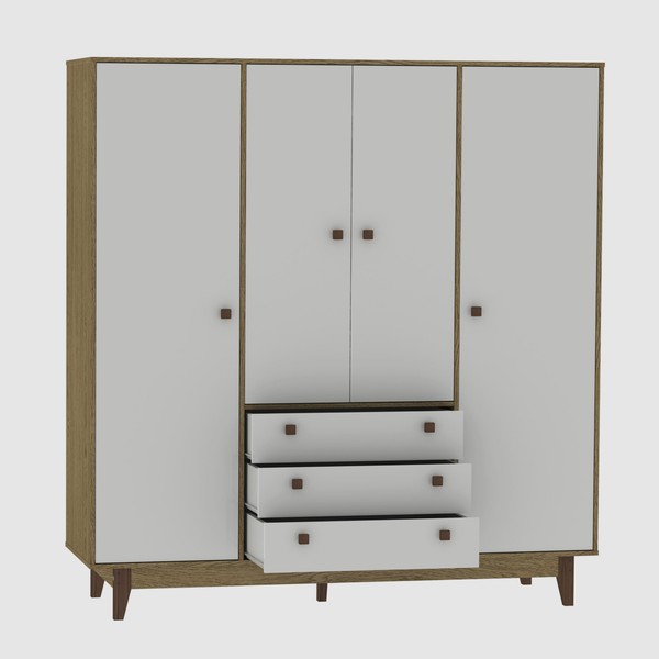 Guarda Roupa Casal Vintage 4 Portas 3 Gavetas Rustik Carvalho/Branco - Olivar Móveis