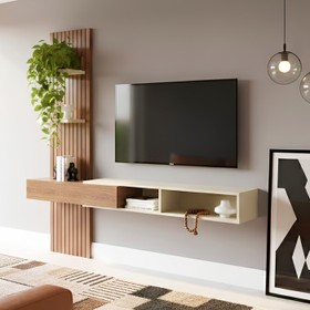 Painel Ripado Flex P/Tvs Até 70”nicho e Porta Basc – 1,60mt, 1,80mt e 2,00mt - Montagem do Painel Ambos Lados Cedro Cedro Off White