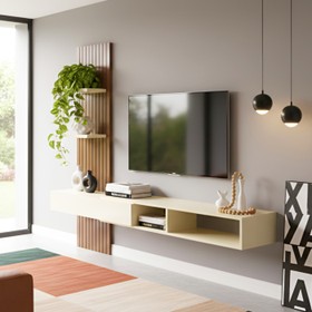 Painel Ripado Flex P/Tvs Até 70”nicho e Porta Basc – 1,60mt, 1,80mt e 2,00mt - Montagem do Painel Ambos Lados Cedro Off White Off White