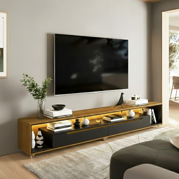 Rack para Sala com Led e Rodízios P/Tv 70 Polegadas 220cm Loop Cedro Frj Ac Preto Ac - Olivar Móveis