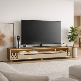 Rack para Sala com Led e Rodízios P/Tv 70 Polegadas 220cm Loop Cedro Frj Ac Off White Bege Bri - Olivar Móveis