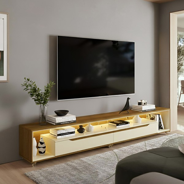 Rack para Sala com Led e Rodízios P/Tv 70 Polegadas 220cm Loop Cedro Frj Ac Off White Bege Bri - Olivar Móveis