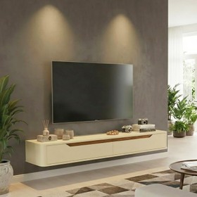 Rack Suspenso Slim Curvo 160cm para TV Até 55” Moderno Luxo Mdp/Mdf com Portas Basculantes Off White Cedro - Olivar Móveis