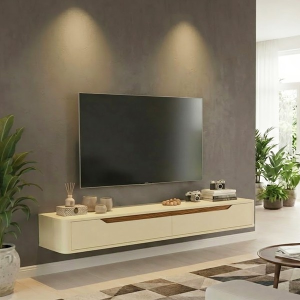 Rack Suspenso Slim Curvo 160cm para TV Até 55” Moderno Luxo Mdp/Mdf com Portas Basculantes Off White Cedro - Olivar Móveis