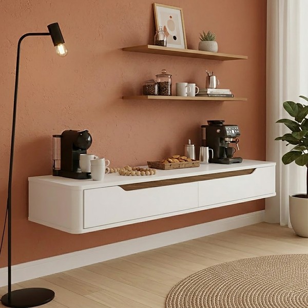 Rack Suspenso Slim Curvo 160cm para TV Até 55” Moderno Luxo Mdp/Mdf com Portas Basculantes Branco Cedro - Olivar Móveis