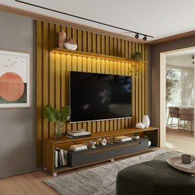Painel Ripado com Led London 222cm e Rack Loop com Rodízios TV 70 Polegadas Cedro/Preto – Olivar Móveis