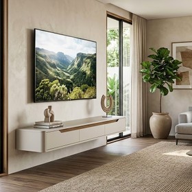 Rack Suspenso Slim Curvo 180cm para TV Até 65” Moderno Luxo Mdp/Mdf com Portas Basculantes Off White Cedro - Olivar Móveis