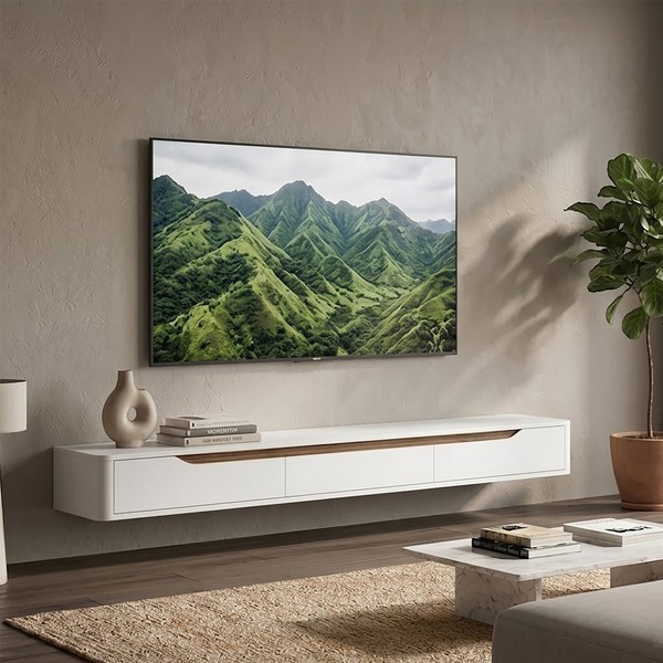 Rack Suspenso Slim Curvo 180cm para TV Até 65” Moderno Luxo com Portas Basculantes Branco Cedro - Olivar Móveis