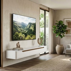 Rack Suspenso Slim Curvo 180cm para TV Até 65” Moderno Luxo Mdp/Mdf com Portas Basculantes Branco Cedro - Olivar Móveis