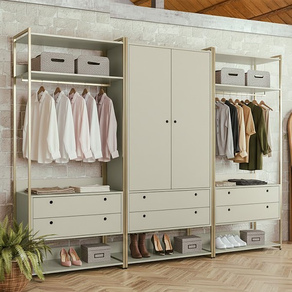 Guarda-Roupa Closet Modulado Casal 6 Gavetas 3 Cabideiros Estrutura Metalica 250cm Olivar Off White