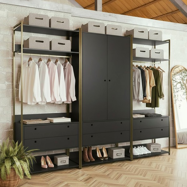 Guarda-Roupa Closet Modulado Casal 6 Gavetas 3 Cabideiros Estrutura Metalica 250cm Olivar Preto