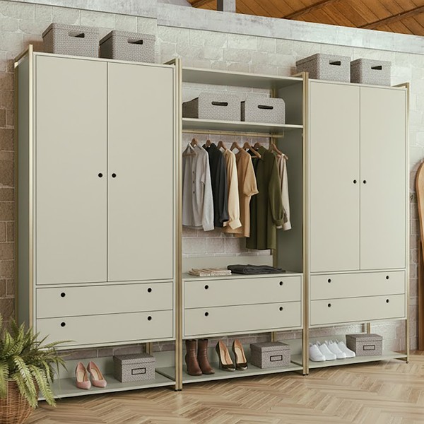 Guarda-Roupa Closet Modulado Casal 6 Gavetas 3 Cabideiros Estrutura Metalica 250cm Olivar Off White