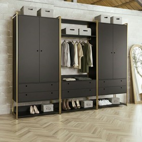 Guarda-Roupa Closet Modulado Casal 6 Gavetas 3 Cabideiros Estrutura Metalica 250cm Olivar Preto