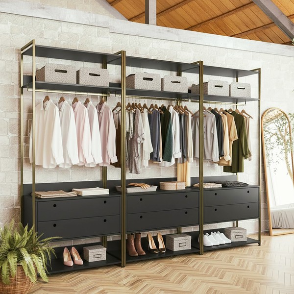 Guarda-Roupa Closet Modulado Casal 6 Gavetas 3 Cabideiros Estrutura Metálica 250cm Olivar Preto