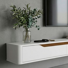 Rack Suspenso Slim Curvo 220cm para TV Até 70” Moderno Luxo Mdp/Mdf com Portas Basculantes Branco Cedro - Olivar Móveis