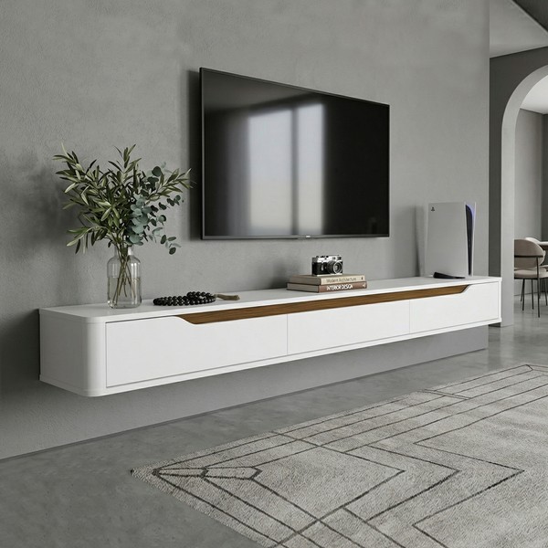 Rack Suspenso Slim Curvo 220cm para TV Até 70” Moderno Luxo Mdp/Mdf com Portas Basculantes Branco Cedro - Olivar Móveis