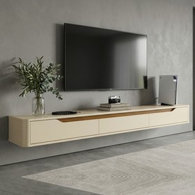 Rack Suspenso Slim Curvo 220cm para TV Até 70” Moderno Luxo Mdp/Mdf com Portas Basculantes Off White Cedro - Olivar Móveis