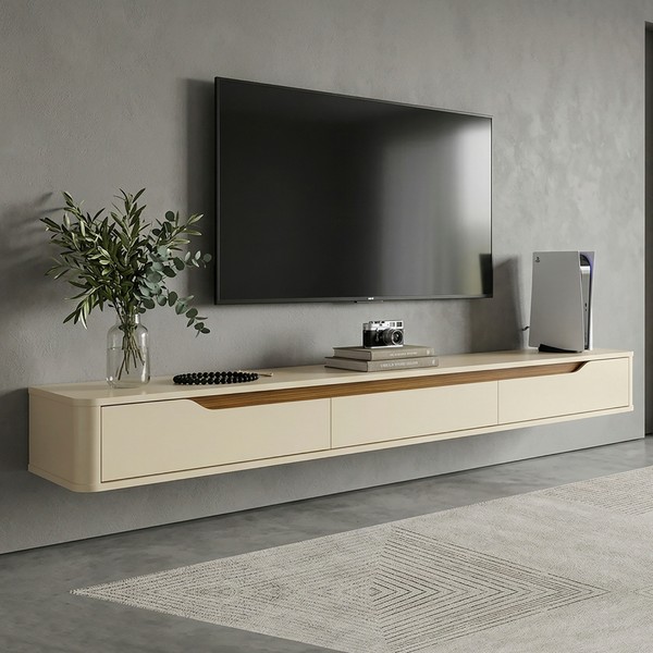 Rack Suspenso Slim Curvo 220cm para TV Até 70” Moderno Luxo Mdp/Mdf com Portas Basculantes Off White Cedro - Olivar Móveis