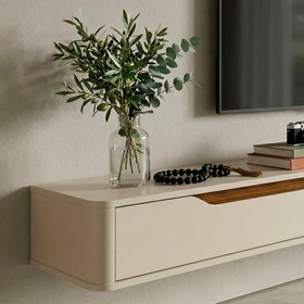 Rack Suspenso Slim Curvo 220cm para TV Até 70” Moderno Luxo Mdp/Mdf com Portas Basculantes Off White Cedro - Olivar Móveis