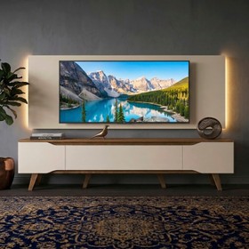 Rack Retrô com Painel para TV Até 70 Polegadas com Led 2,20m Shop - Off White/Cedro