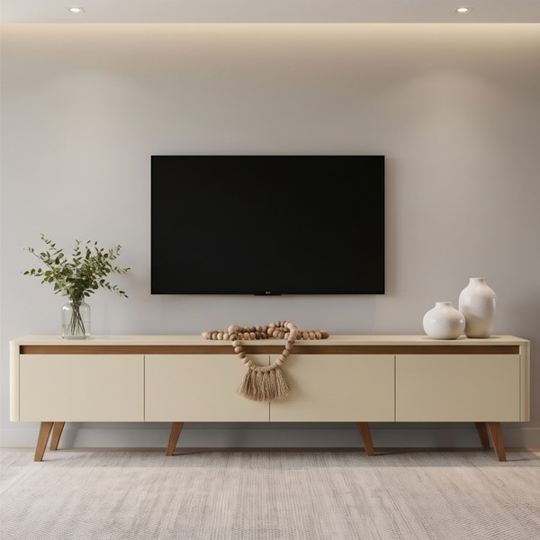 Rack Curvo Bali 218cm 4 Portas para TV Até 70 Polegadas Off White/Cedro