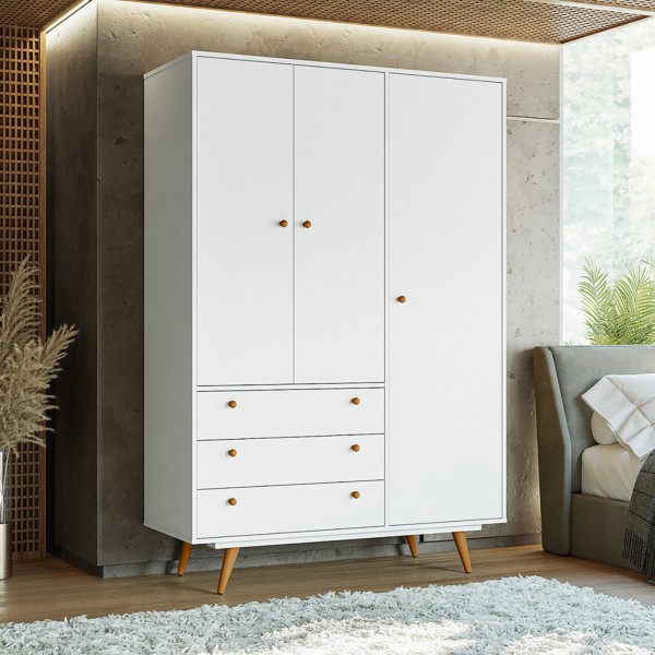 Guarda Roupa Retro 20 3 Portas 3 Gavetas Branco - Olivar Móveis