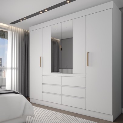 Guarda Roupa Casal 4 Portas 6 Gavetas Espelho Branco - Panorama Sistemas