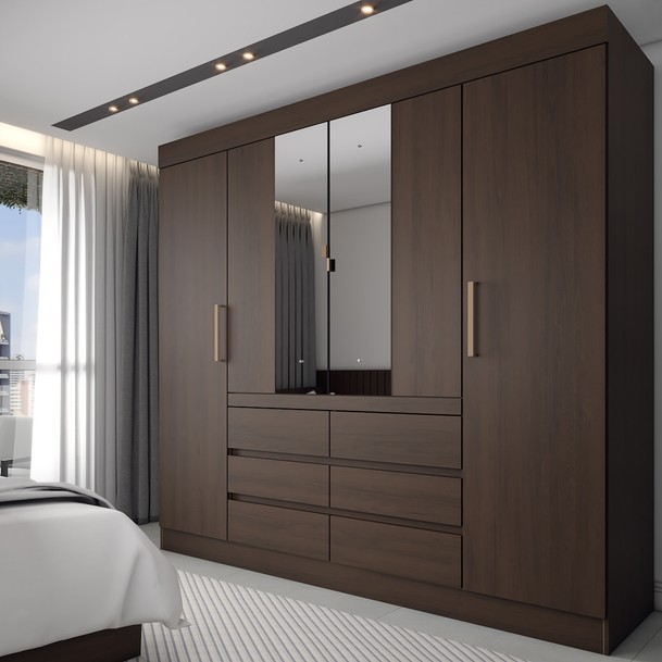 Guarda Roupa Casal 4 Portas 6 Gavetas Espelho Marrom - Panorama Sistemas