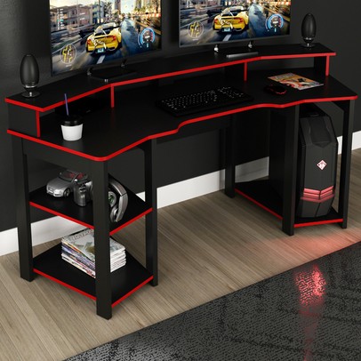 Mesa Gamer para 2 Monitores 3 Prateleiras Preto - Panorama Sistemas