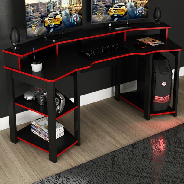 Mesa Gamer para 2 Monitores 3 Prateleiras Preto - Panorama Sistemas