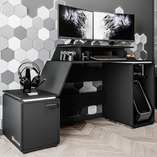 Mesa Gamer Space 1 Porta 2 Prateleiras Preto - Panorama Sistemas