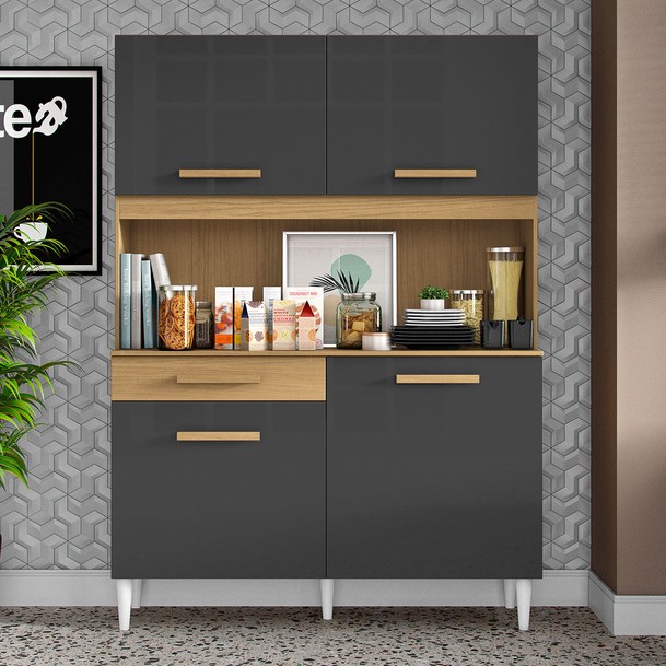 Armário de Cozinha 4 Portas 1 Gaveta Arcoz Marrom/Preto - Panorama Sistemas