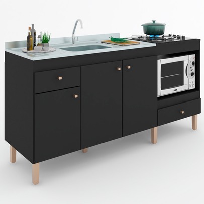 Balcão de Cozinha 3 Portas 2 Gavetas Pia Forno Preto - Panorama Sistemas