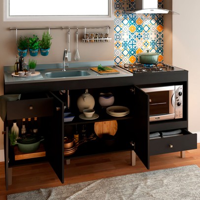 Balcão de Cozinha 3 Portas 2 Gavetas Pia Forno Preto - Panorama Sistemas