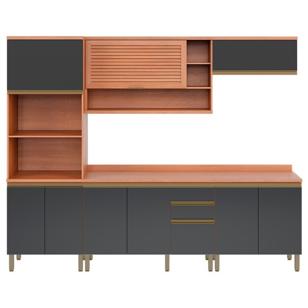 Cozinha Completa 9 Portas 3 Gavetas Marrom/Grafite - Panorama Sistemas