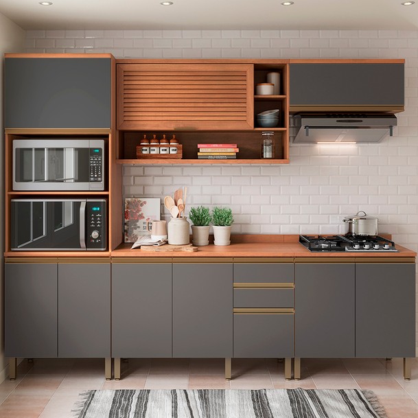 Cozinha Completa 9 Portas 3 Gavetas Marrom/Grafite - Panorama Sistemas