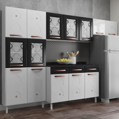 Cozinha Completa 14 Portas 3 Gavetas Branco/Preto - Panorama Sistemas