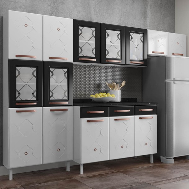 Cozinha Completa 14 Portas 3 Gavetas Branco/Preto - Panorama Sistemas