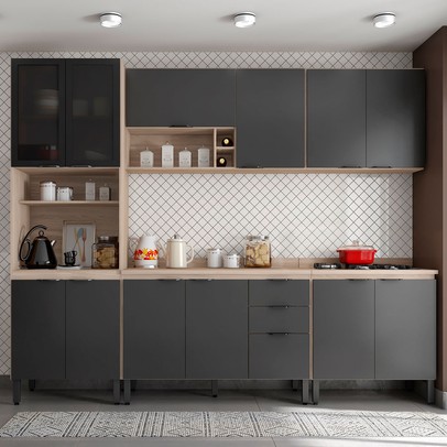 Cozinha Completa 13 Portas 2 Gavetas Marrom/Grafite - Panorama Sistemas