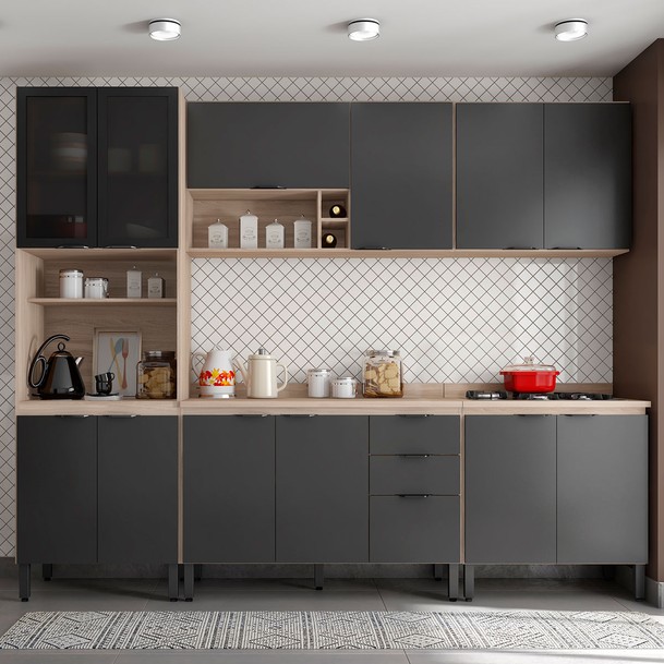 Cozinha Completa 13 Portas 2 Gavetas Marrom/Grafite - Panorama Sistemas