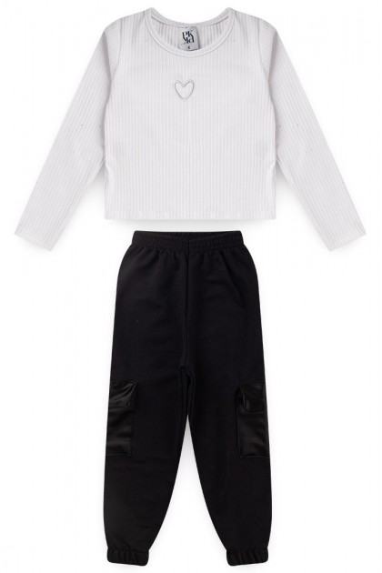 Conjunto Feminino Infantil Coração Bordado - Branco - Platinum Kids