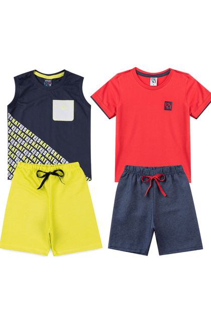 Kit Sortido 4 Peças de Roupas Infantis Masculino Verão- 2 Camisas + 2 Shorts