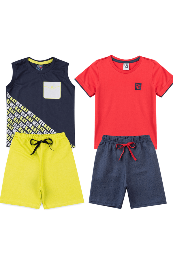 Kit Sortido 4 Peças de Roupas Infantis Masculino Verão- 2 Camisas + 2 Shorts