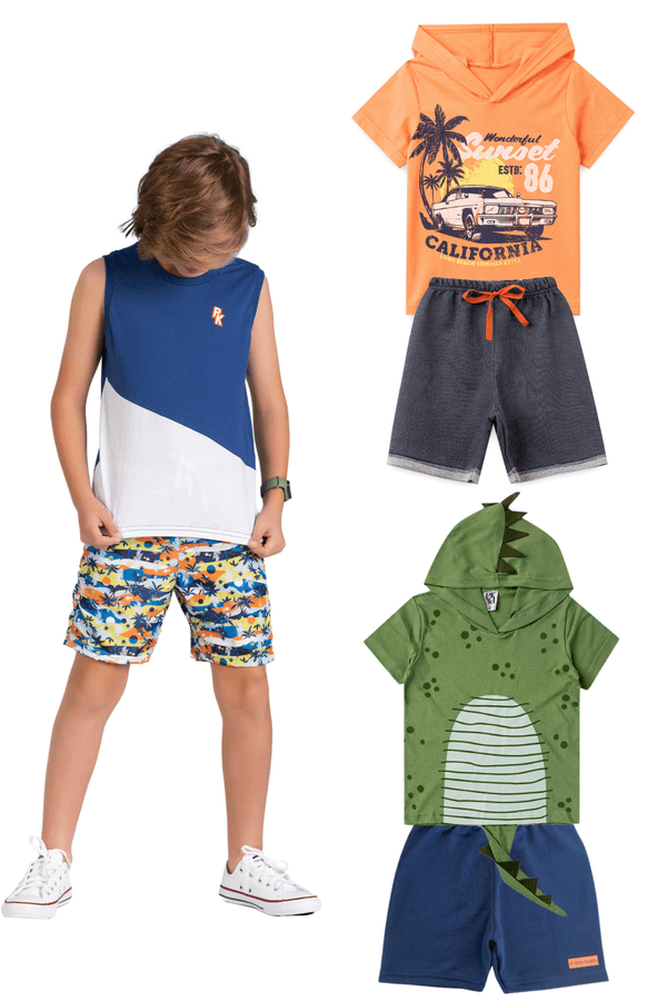 Kit Sortido 4 Peças de Roupas Infantis Masculino Verão- 2 Camisas + 2 Shorts