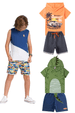 Kit Sortido 4 Peças de Roupas Infantis Masculino Verão- 2 Camisas + 2 Shorts