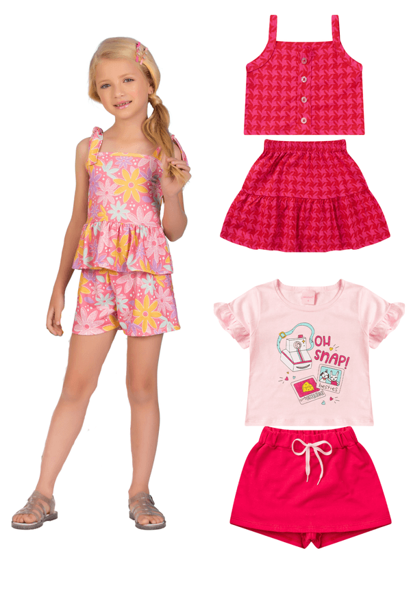 Kit Sortido 2 Peças de Roupas Infantil Feminino Verão- 1 Camisa + 1 Short