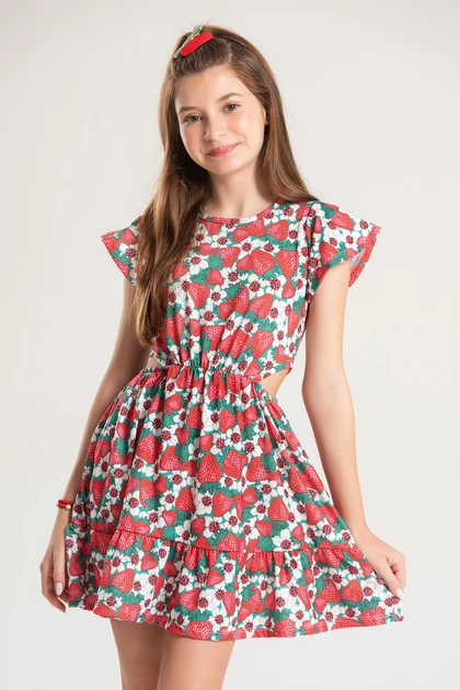 Vestido Feminino Infantil Campo de Morangos