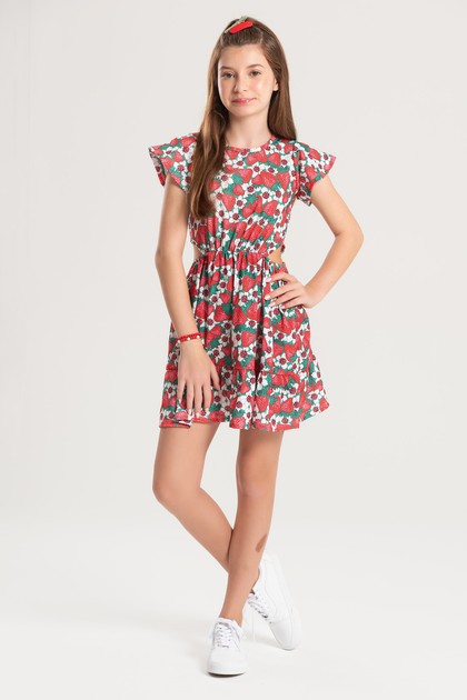 Vestido Feminino Infantil Campo de Morangos